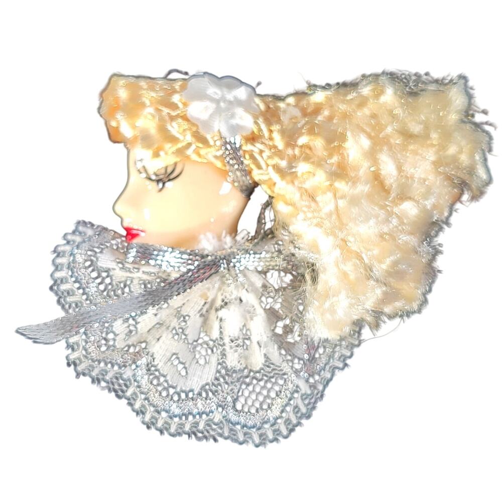 Glamour Lady Head Brooch Face With Lace and Silver Ribbon 1980's With Gift Box